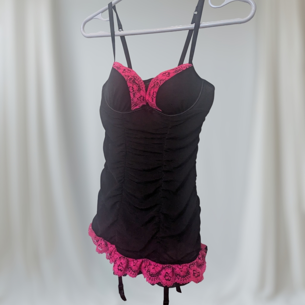 #100 - Chic Black Lingerie with Pink Lace Trim